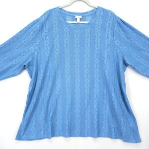 Logo Layers Women 3X Blue Textured Knit Top Long Sleeve Stretch Pullover Minimal